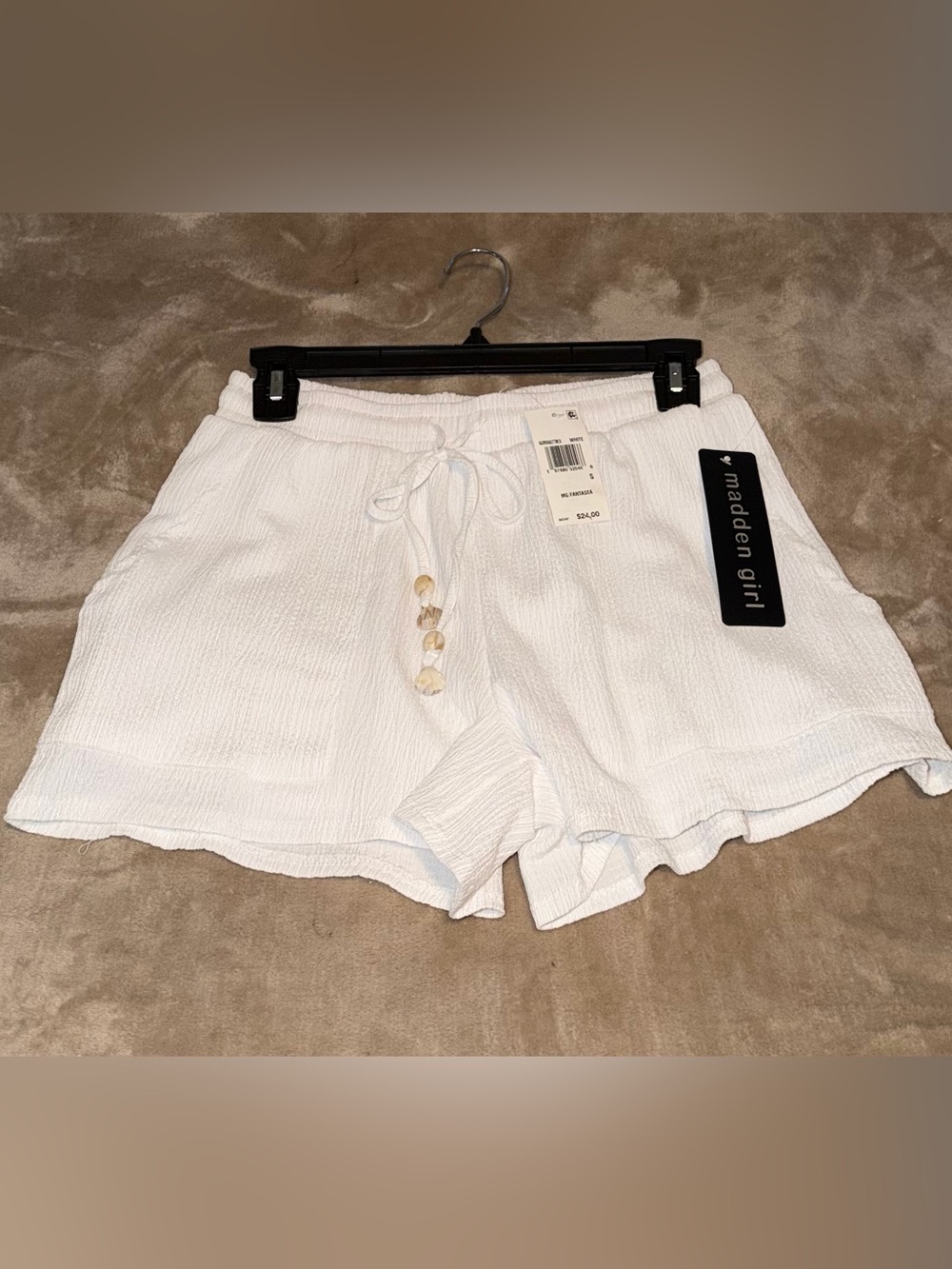 Madden Girl White Textured Drawstring Beach Shorts with Bead Accents